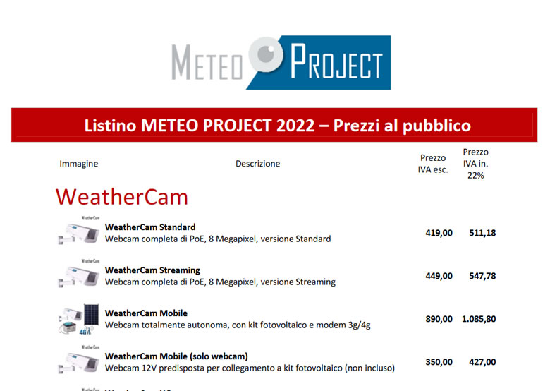listino meteoproject 2022